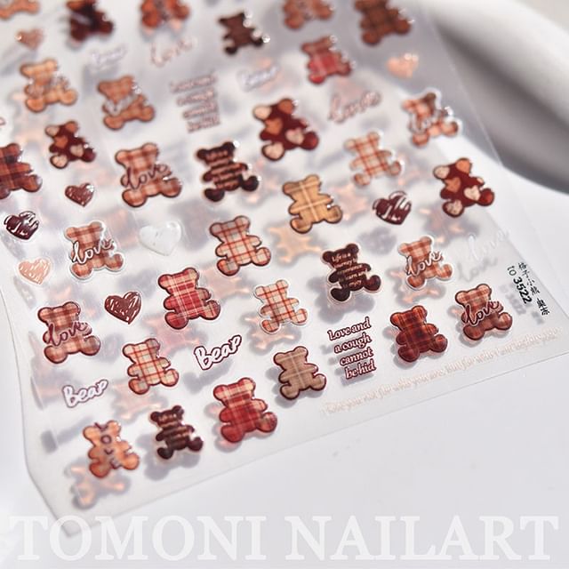 Plaid Bear Nail Art Stickers