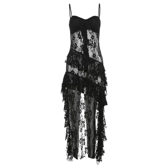 Spaghetti Strap Lace Panel Ruffled Asymmetric-Hem Mini Dress