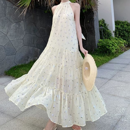 Robe midi fleurie à licou A