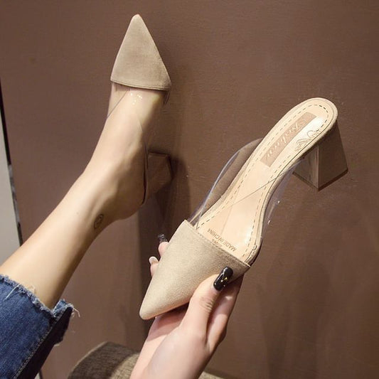 Pointed Toe Panel Transparent Block Heel Mules