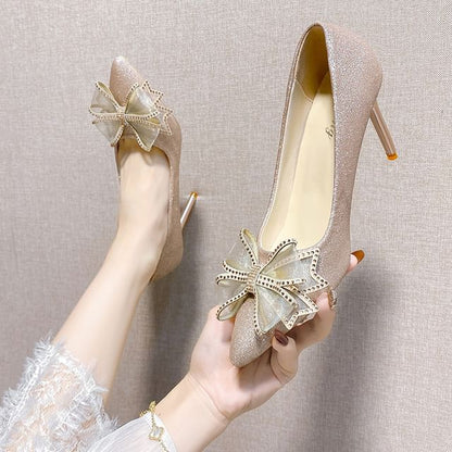 Pointed Toe Rhinestone Bow Glitter Stiletto Pumps
