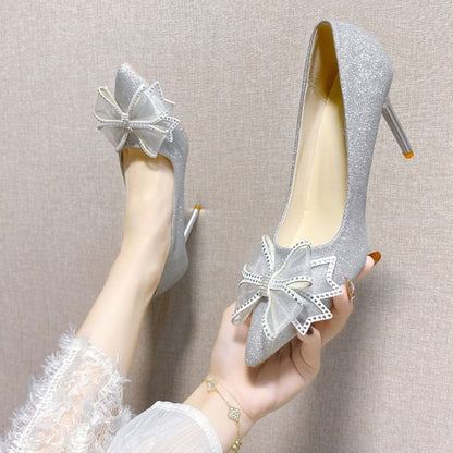 Pointed Toe Rhinestone Bow Glitter Stiletto Pumps