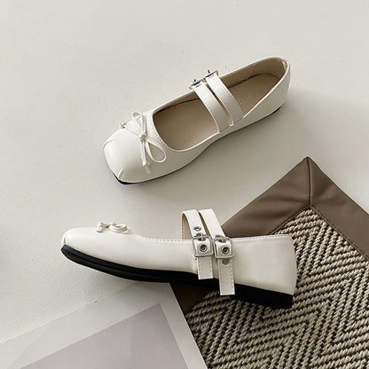 Square Toe Plain Bow Accent Faux Leather Mary Jane Flats