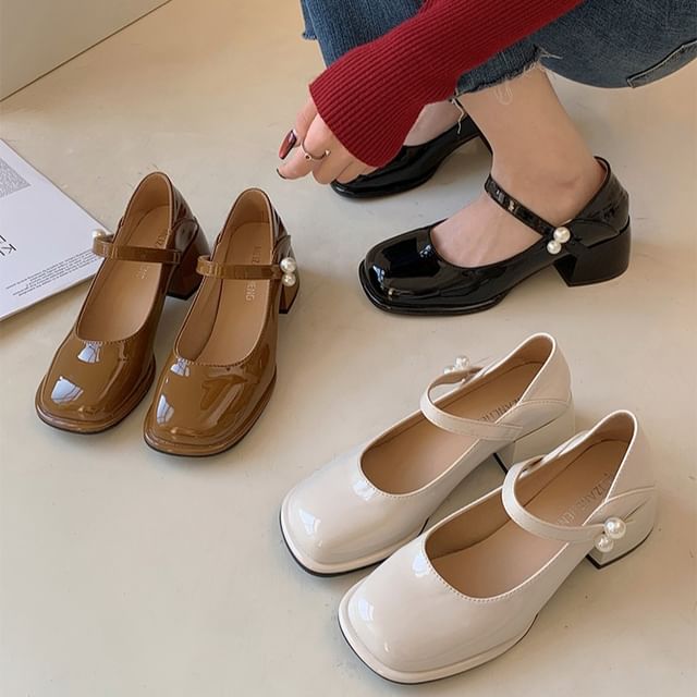 Block Heel Faux Pearl Mary Jane Pumps