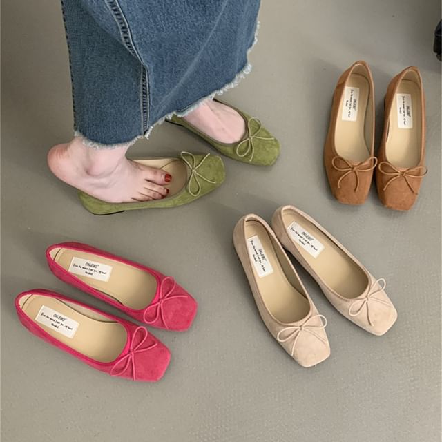 Square Toe Bow Faux Suede Flats