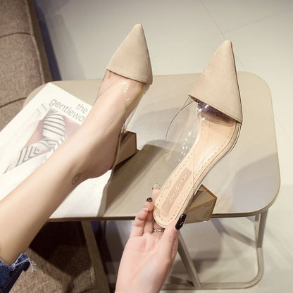 Pointed Toe Panel Transparent Block Heel Mules