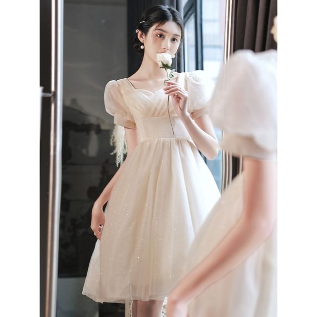 Dress Short-Sleeve Evening / Gown Glitter A-Line V-Neck Party