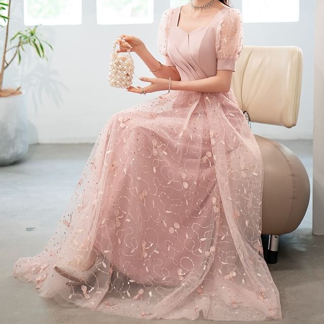 Evening Designs) Square A-Line (Various Gown Neck Glitter Short-Sleeve