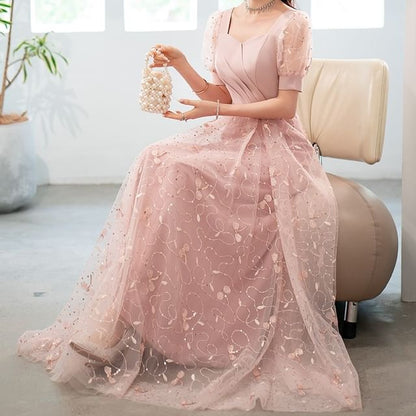 Evening Designs) Square A-Line (Various Gown Neck Glitter Short-Sleeve