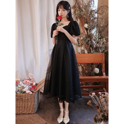 Neck Square (Various A-Line Short-Sleeve Designs) Glitter Evening Gown