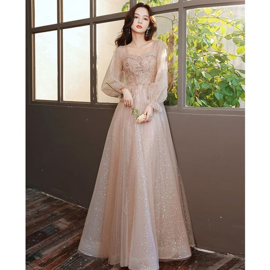Designs) Glitter A-Line Evening (Various V-Neck Long-Sleeve Gown