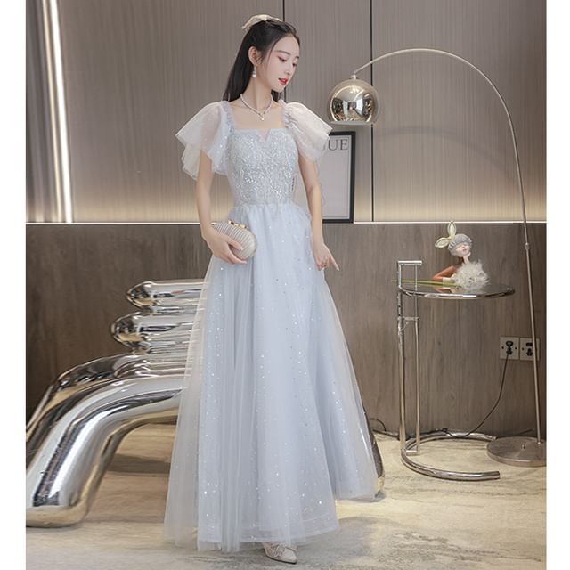 Gown A-Line Square Neck Plain (Various Designs) Short-Sleeve Evening