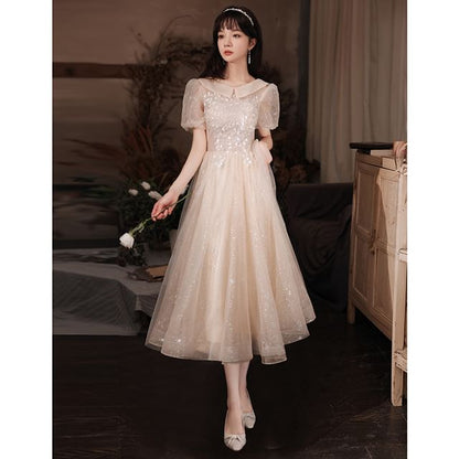 (Various Gown A-Line Glitter Short-Sleeve Designs) Evening Collared