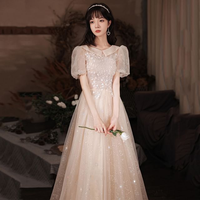 (Various Gown A-Line Glitter Short-Sleeve Designs) Evening Collared