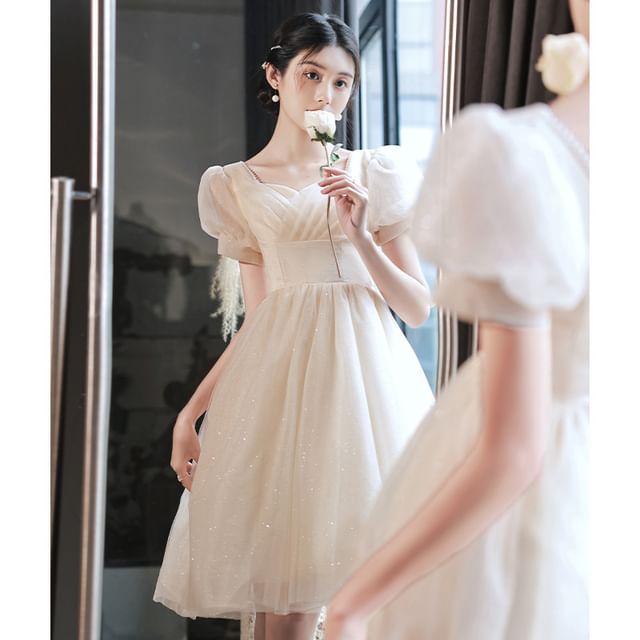 Dress Short-Sleeve Evening / Gown Glitter A-Line V-Neck Party