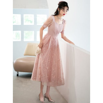 Evening Designs) Square A-Line (Various Gown Neck Glitter Short-Sleeve