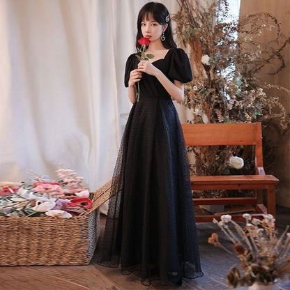 Neck Square (Various A-Line Short-Sleeve Designs) Glitter Evening Gown