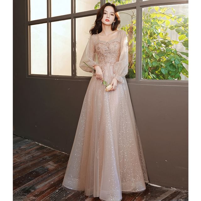 Designs) Glitter A-Line Evening (Various V-Neck Long-Sleeve Gown