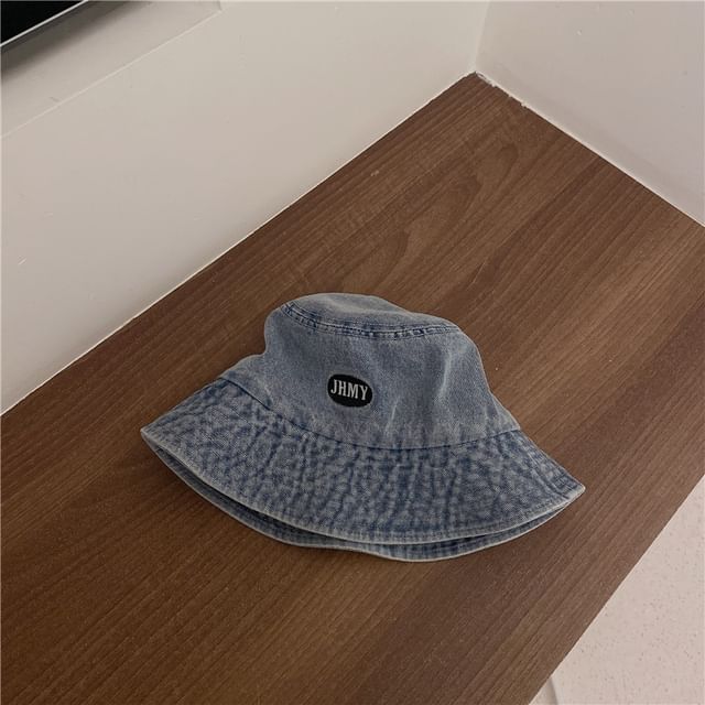 Bucket Lettering Washed Denim Embroidered Hat