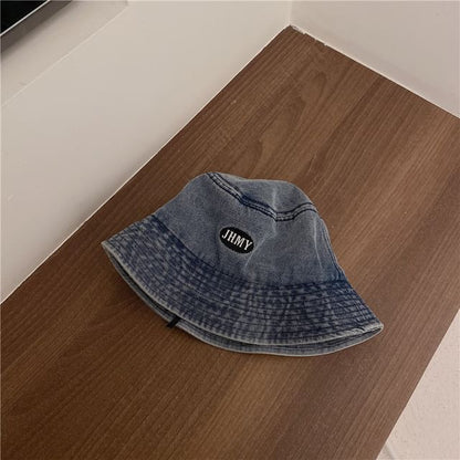 Bucket Lettering Washed Denim Embroidered Hat