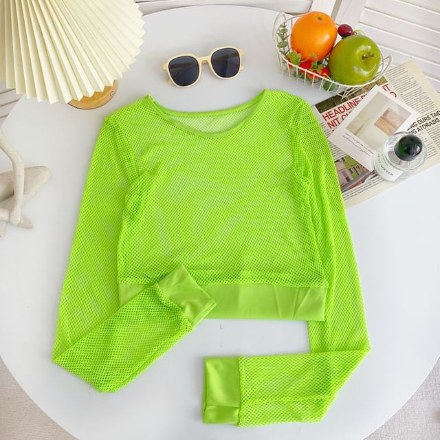 Long-Sleeve Crew Neck Plain Mesh Crop Top