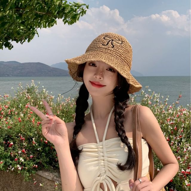 Bow Embroidered Sun Hat Straw