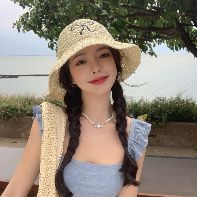 Bow Embroidered Sun Hat Straw