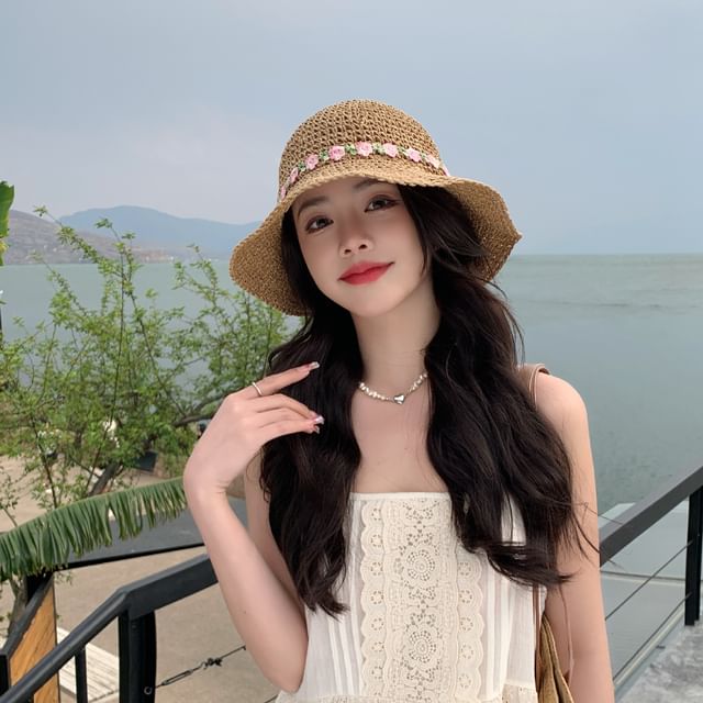 Hat Straw Embroidered Floral Sun