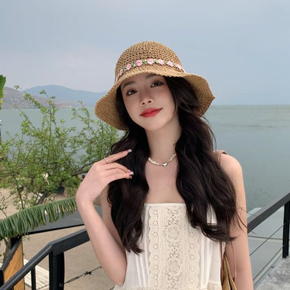 Hat Straw Embroidered Floral Sun