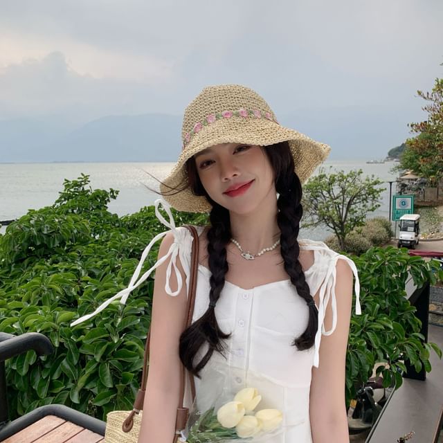 Hat Straw Embroidered Floral Sun