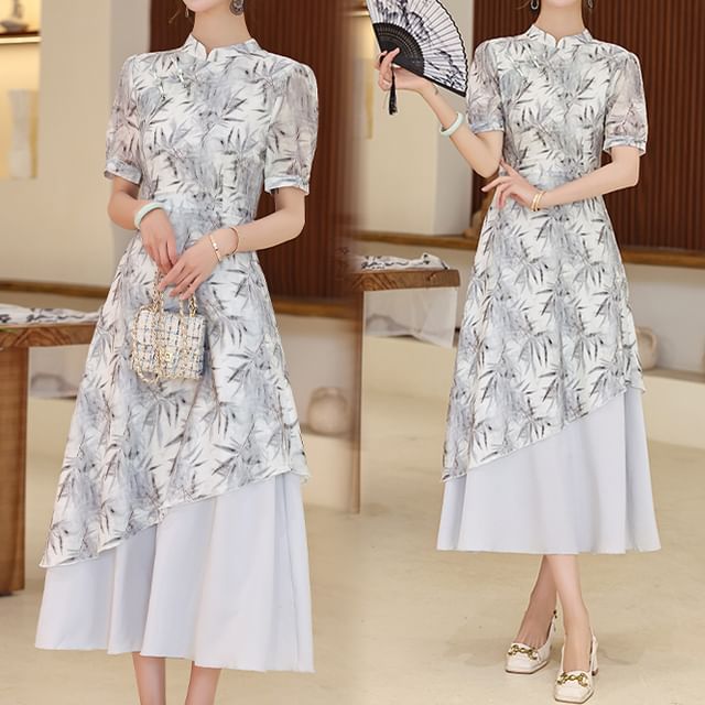 Short-Sleeve Leaf Print Panel Midi A-Line Qipao