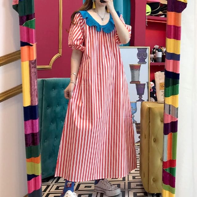 Short-Sleeve Ruffle Striped Maxi A-Line Dress