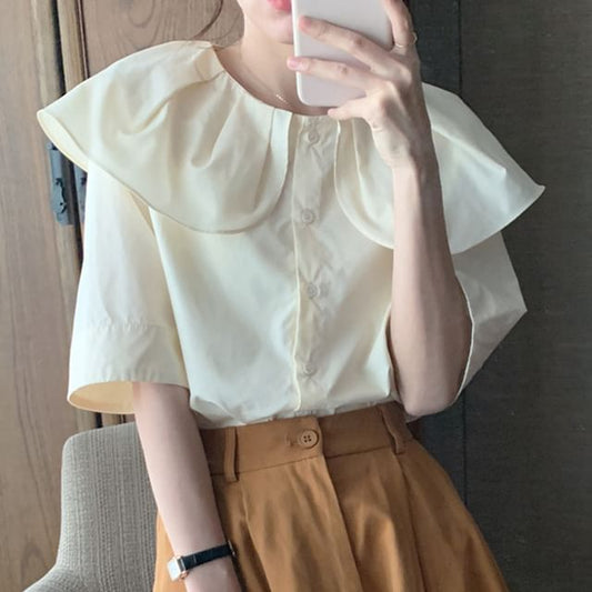 Short-Sleeve Collared Plain Blouse