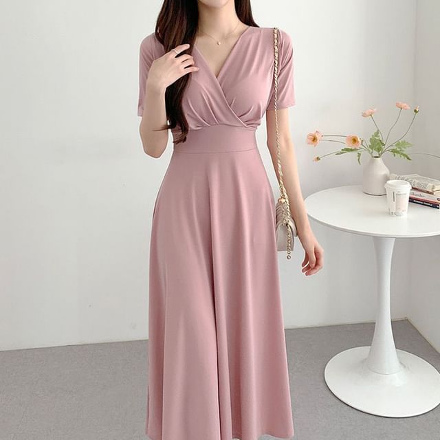 Short-Sleeve V-Neck Plain Maxi A-Line Dress