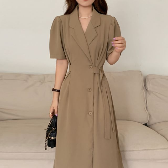 Short-Sleeve Button-Up Sashed Plain Midi A-Line Dress