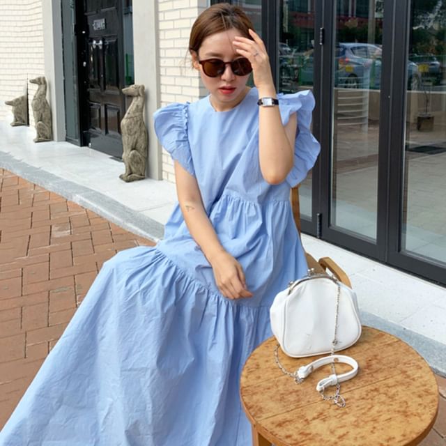 Short-Sleeve Ruffle Plain Maxi A-Line Dress