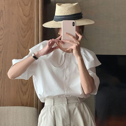 Short-Sleeve Collared Plain Blouse