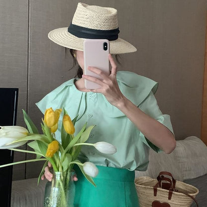Short-Sleeve Collared Plain Blouse