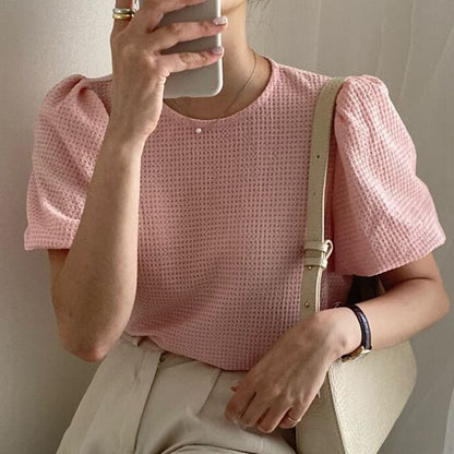 Kurzärmliges Rundhals-Strickoberteil in Uni