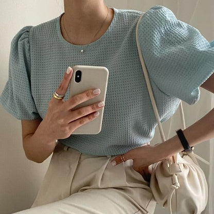 Kurzärmliges Rundhals-Strickoberteil in Uni