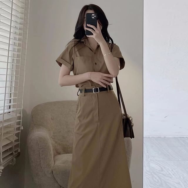 Short-Sleeve Plain Shirt / High Rise Maxi A-Line Skirt / Belt / Set