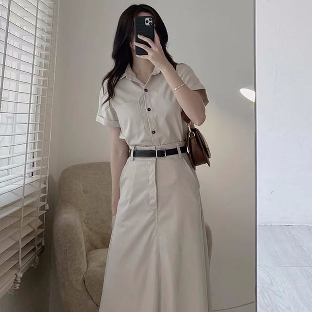 Short-Sleeve Plain Shirt / High Rise Maxi A-Line Skirt / Belt / Set