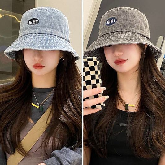 Bucket Lettering Washed Denim Embroidered Hat