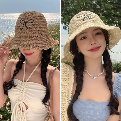 Bow Embroidered Sun Hat Straw