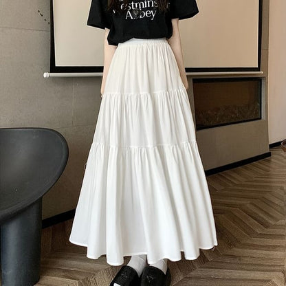 Einfarbiger Midirock in A-Linie mit hoher Taille und Rüschen