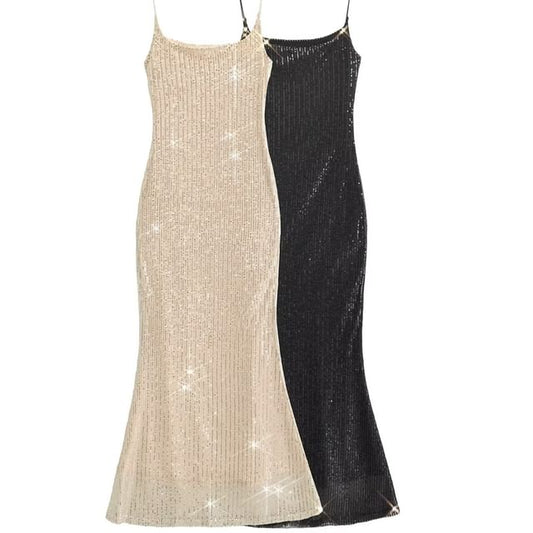 Spaghetti Evening Strap Back Gown Open Sequin Mermaid Neck Scoop