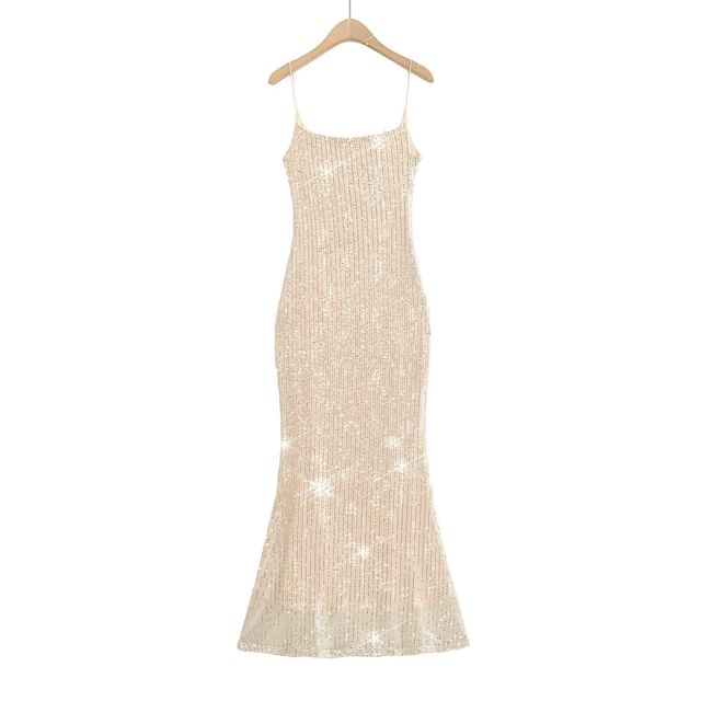 Spaghetti Evening Strap Back Gown Open Sequin Mermaid Neck Scoop