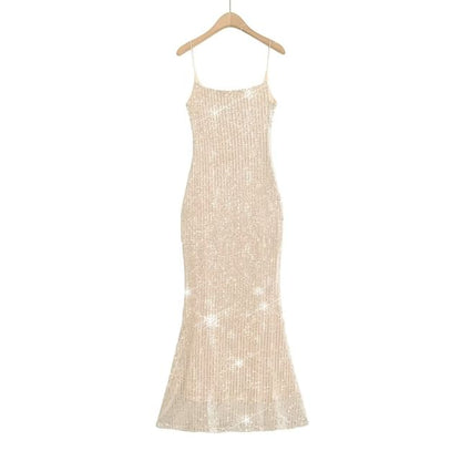 Spaghetti Evening Strap Back Gown Open Sequin Mermaid Neck Scoop