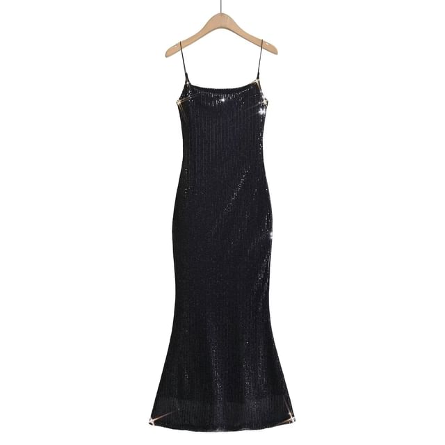 Spaghetti Evening Strap Back Gown Open Sequin Mermaid Neck Scoop