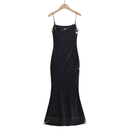 Spaghetti Evening Strap Back Gown Open Sequin Mermaid Neck Scoop